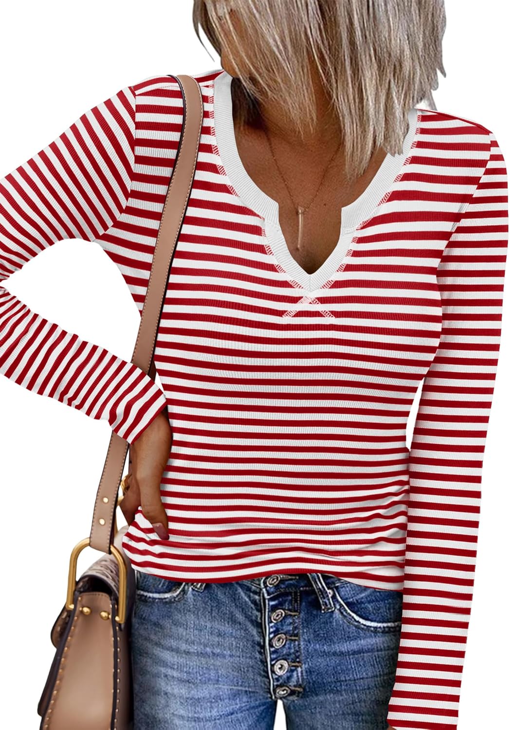 CLEARANCE SALE🔥Womens Long Sleeve Shirts V-Neck Slim Fitted Knit Top