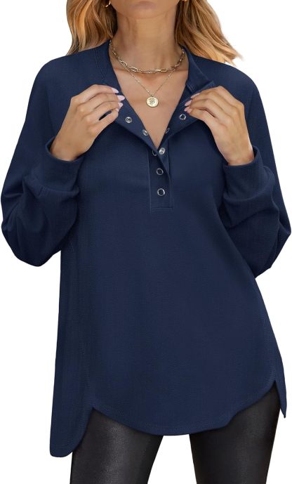 Women's Long Sleeve Henley Tops Tunic Sweatshirt Loose Slit Casual Button Shirts Pullover 2025 Fall Winter Outfits