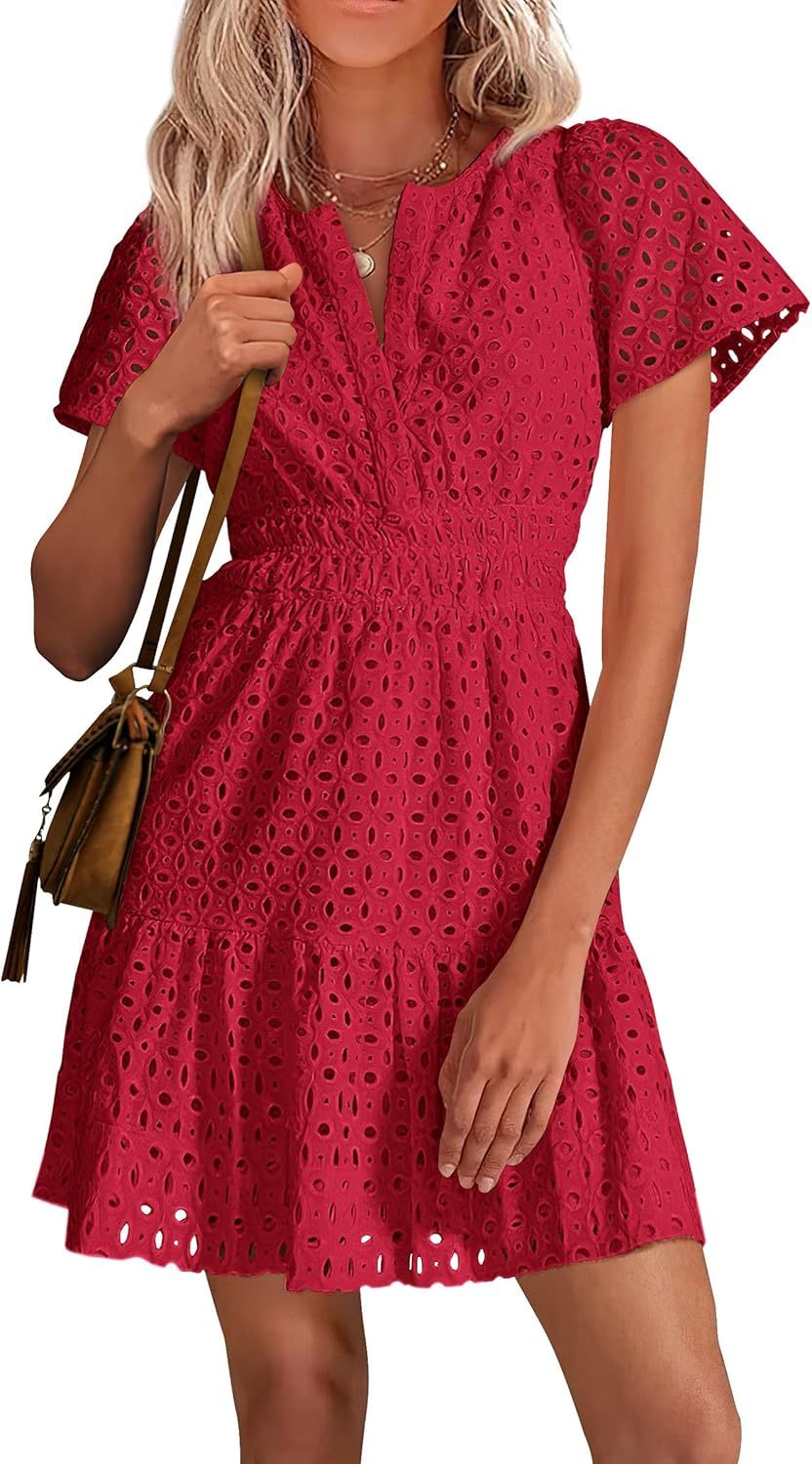 PRETTYGARDEN Womens 2025 Summer Short Dress V Neck Short Sleeve A Line Hollow Out Lace Ruffle Cute Casual Beach Party Dresses