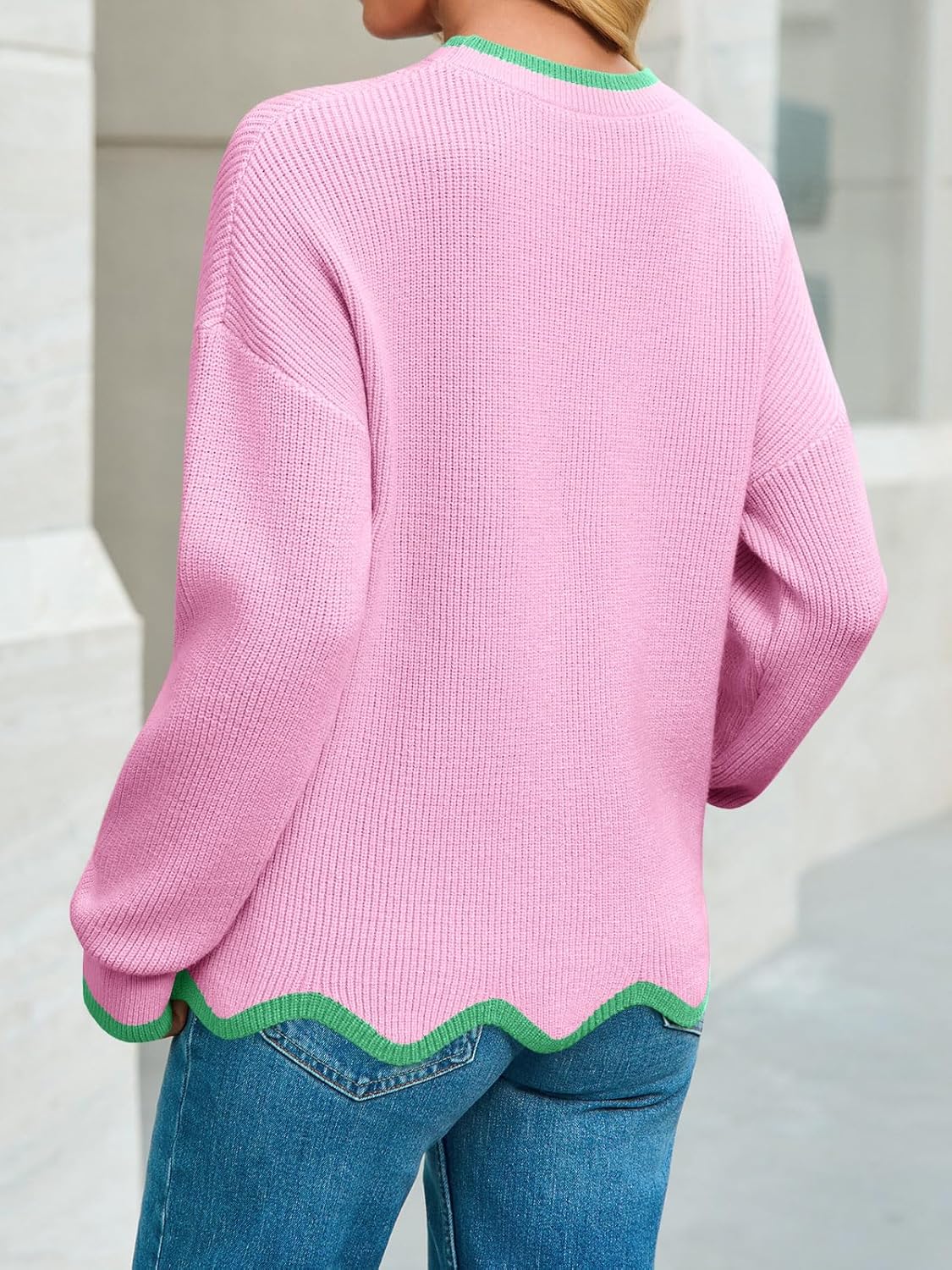 Womens Contrast Color Pullover Sweaters Crewneck Knit Tops with Wave Hem Long Sleeve Sweater Fall 2025