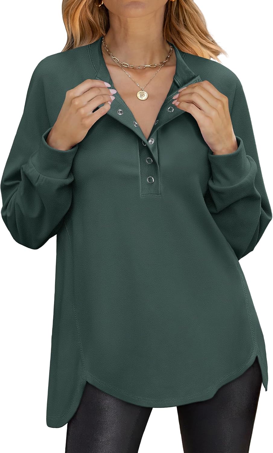 Women's Long Sleeve Henley Tops Tunic Sweatshirt Loose Slit Casual Button Shirts Pullover 2025 Fall Winter Outfits