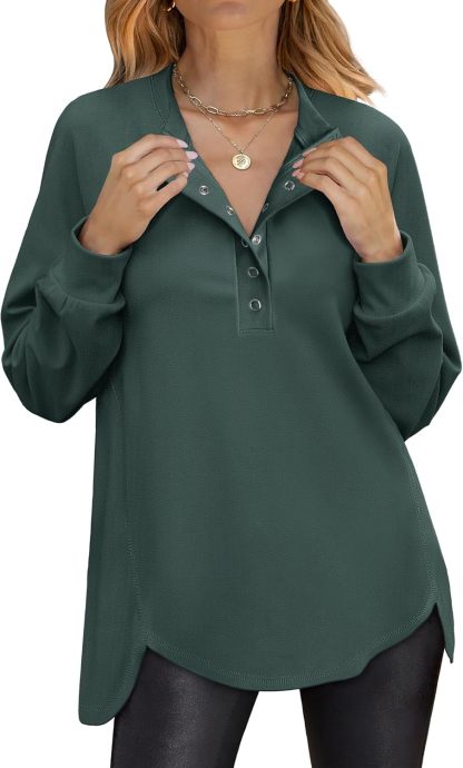 Women's Long Sleeve Henley Tops Tunic Sweatshirt Loose Slit Casual Button Shirts Pullover 2025 Fall Winter Outfits