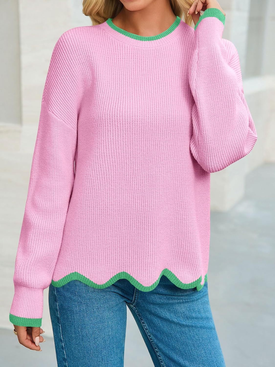 Womens Contrast Color Pullover Sweaters Crewneck Knit Tops with Wave Hem Long Sleeve Sweater Fall 2025