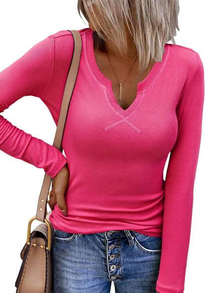CLEARANCE SALE🔥Womens Long Sleeve Shirts V-Neck Slim Fitted Knit Top