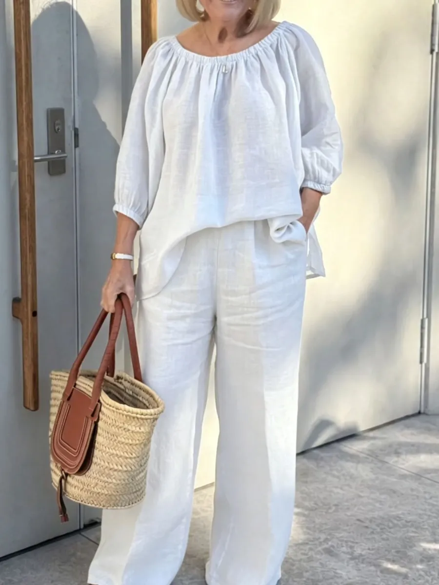 Women'S Linen Shirt And Trousers Two-Piece Set