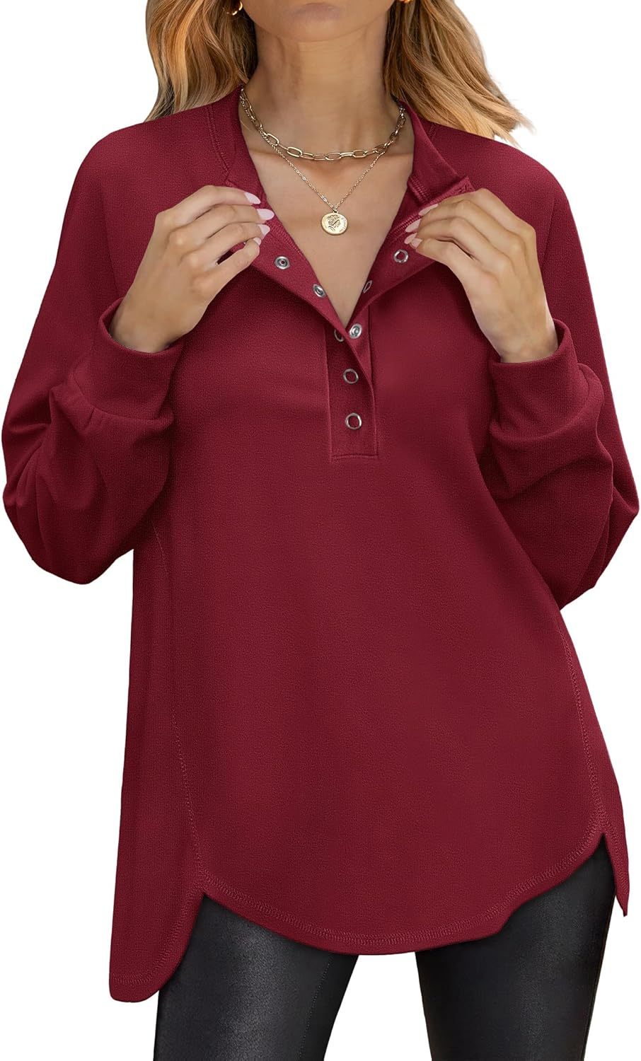 Women's Long Sleeve Henley Tops Tunic Sweatshirt Loose Slit Casual Button Shirts Pullover 2025 Fall Winter Outfits