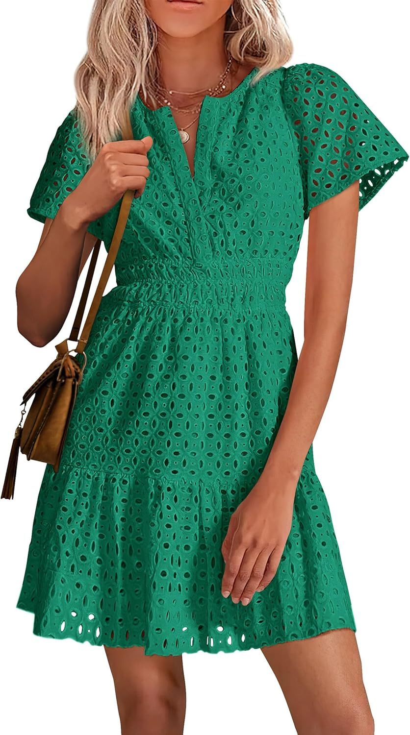 PRETTYGARDEN Womens 2025 Summer Short Dress V Neck Short Sleeve A Line Hollow Out Lace Ruffle Cute Casual Beach Party Dresses