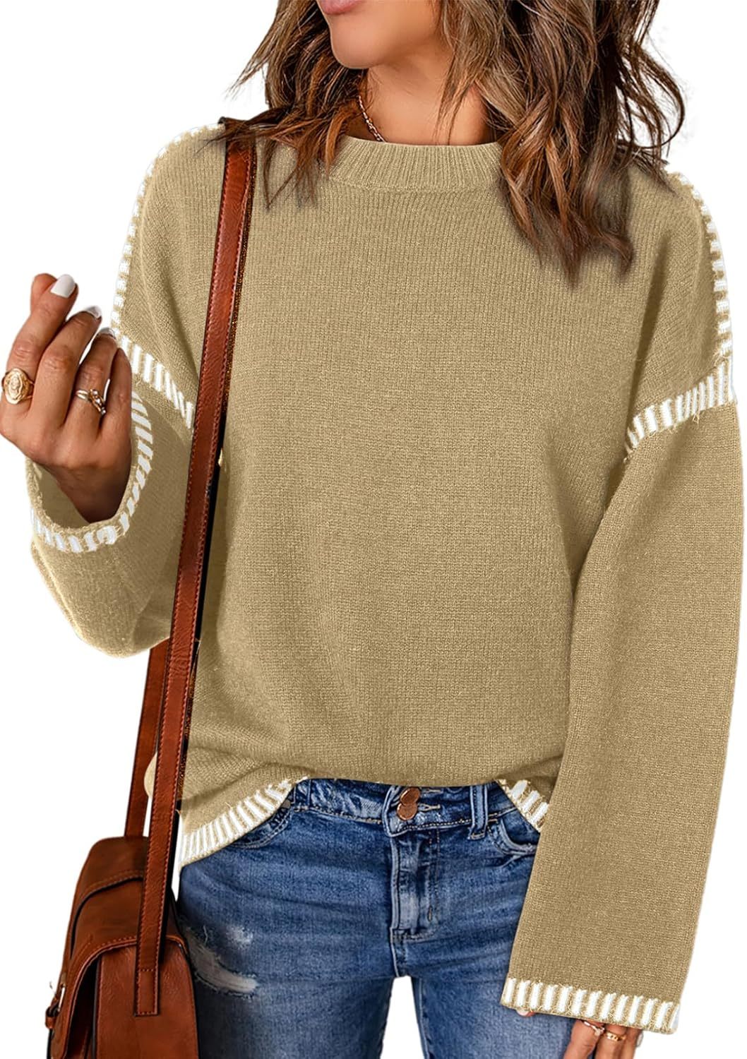 Women’s Casual Loose Fit Long Sleeve Solid Colour Crewneck Knit Sweater