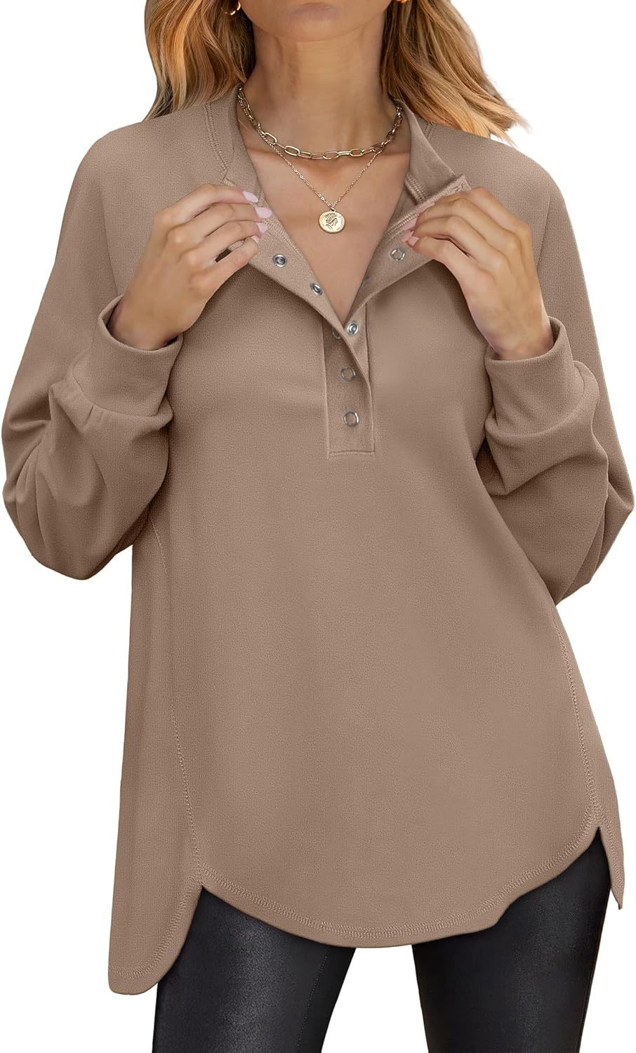 Women's Long Sleeve Henley Tops Tunic Sweatshirt Loose Slit Casual Button Shirts Pullover 2025 Fall Winter Outfits