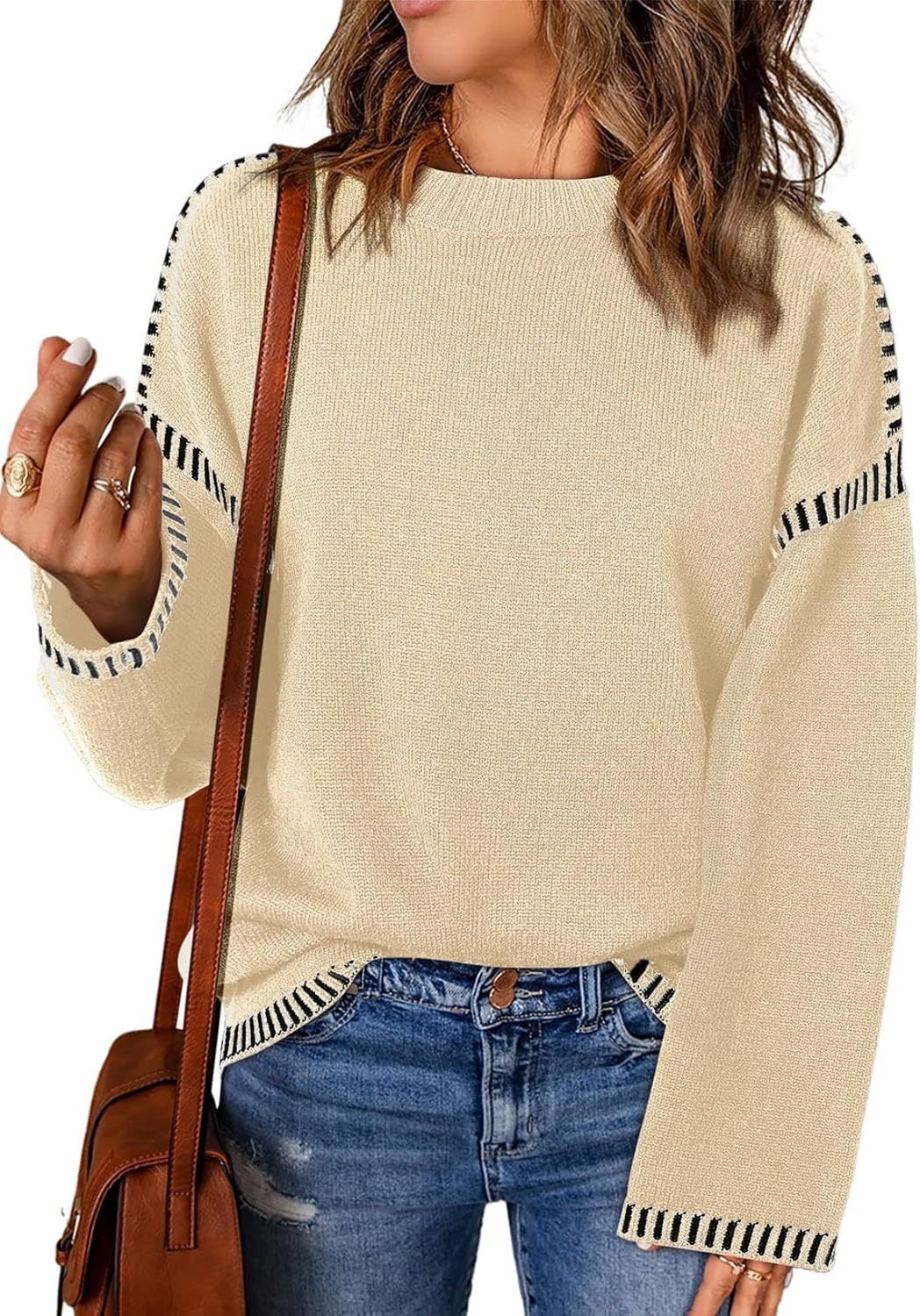 Women’s Casual Loose Fit Long Sleeve Solid Colour Crewneck Knit Sweater