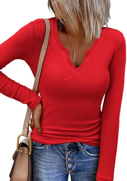 CLEARANCE SALE🔥Womens Long Sleeve Shirts V-Neck Slim Fitted Knit Top