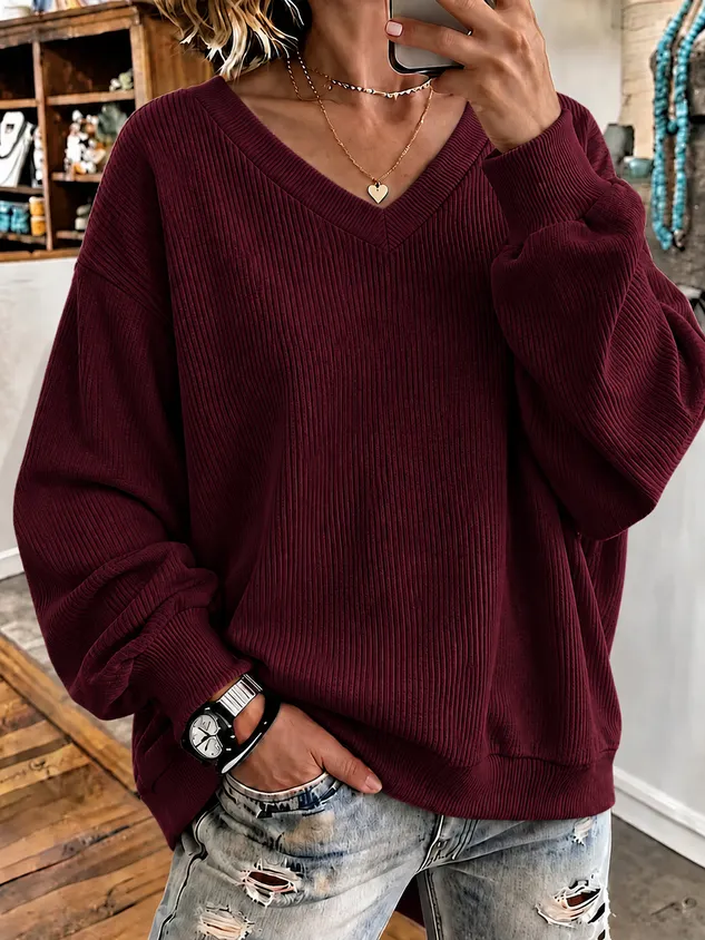 Women’s Oversized V Neck Ribbed Knit Pullover Sweater