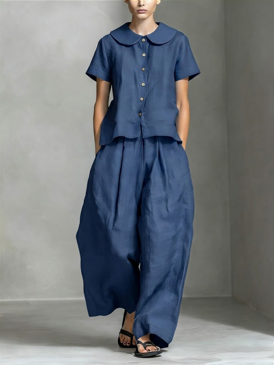 Women’s Cotton Linen Peter Pan Collar Top & Wide-Leg Pants Set
