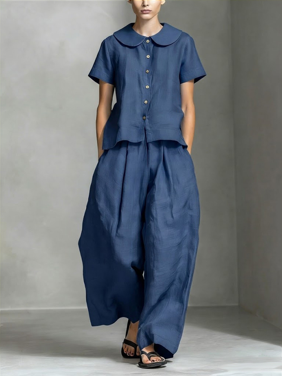 Women’s Cotton Linen Peter Pan Collar Top & Wide-Leg Pants Set