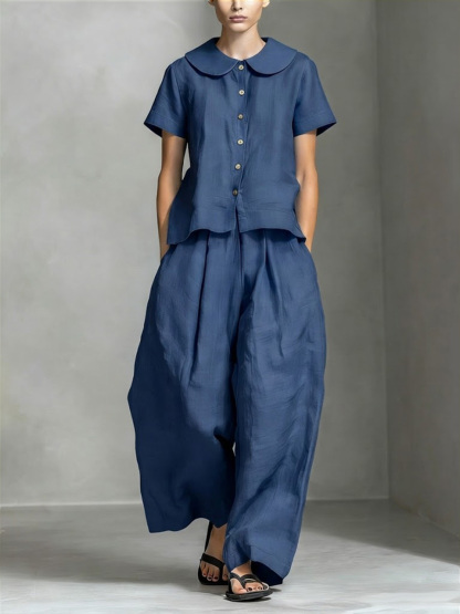Women’s Cotton Linen Peter Pan Collar Top & Wide-Leg Pants Set