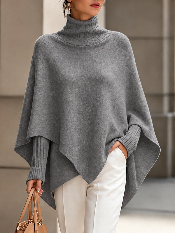 CLEARANCE SALE🔥Women's Solid-Color High-Neck Long-Sleeve Loose-Fit Cape-Style Knit Top