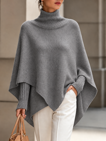 CLEARANCE SALE🔥Women's Solid-Color High-Neck Long-Sleeve Loose-Fit Cape-Style Knit Top
