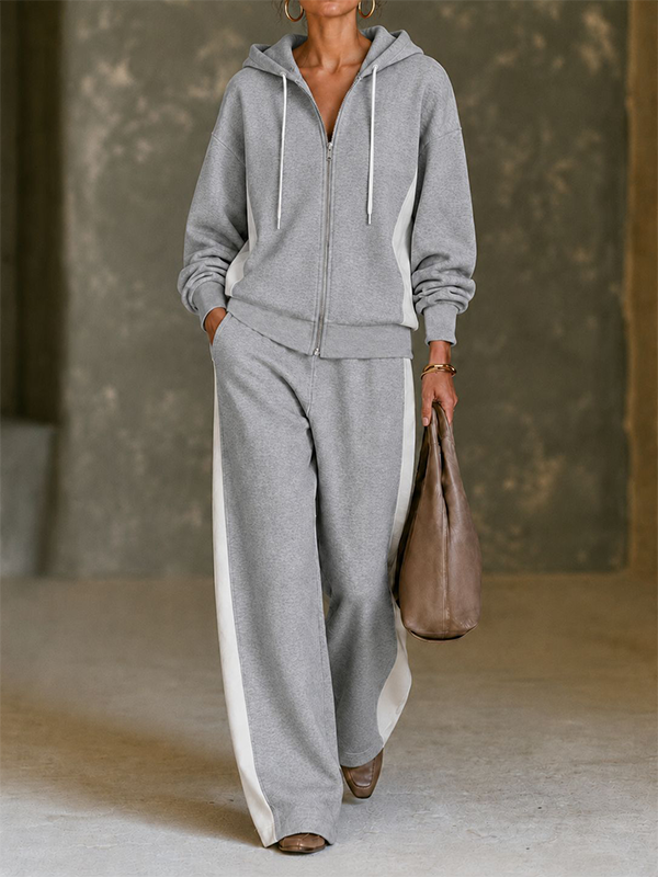 CLEARANCE SALE🔥Women’s Color-Block Zip-Up Hooded Jacket and Wide-Leg Pants Two-Piece Set