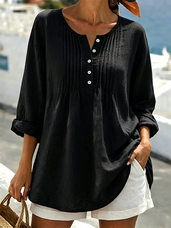 New Arrivals🔥Women's Solid Color Round Neck Long-sleeved Casual Loose Pleated Cotton And Linen Top