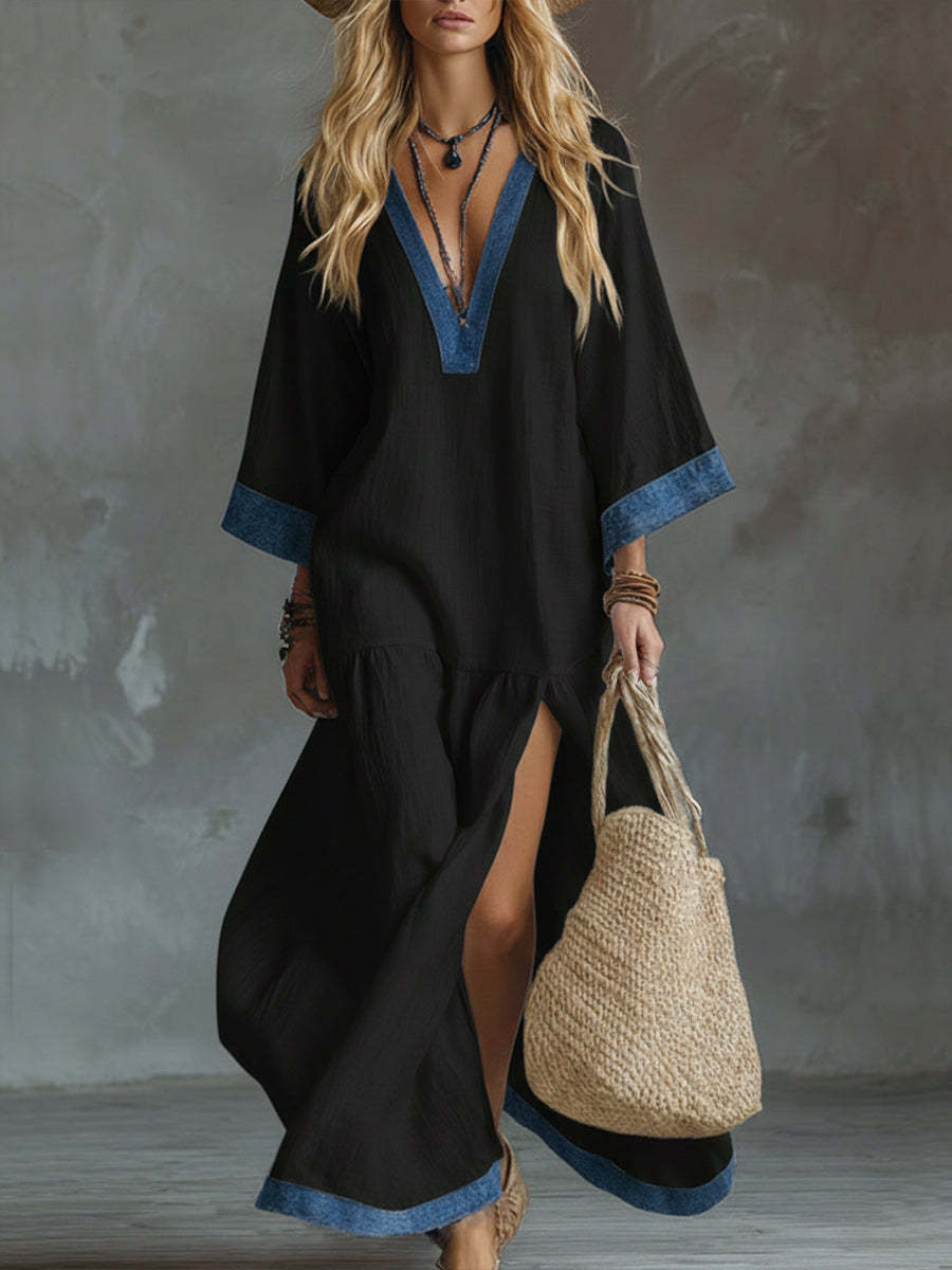 Loose And Cozy Patchwork Denim Dress With Contrasting Trim.