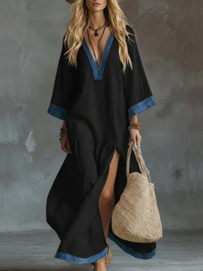 Loose And Cozy Patchwork Denim Dress With Contrasting Trim.