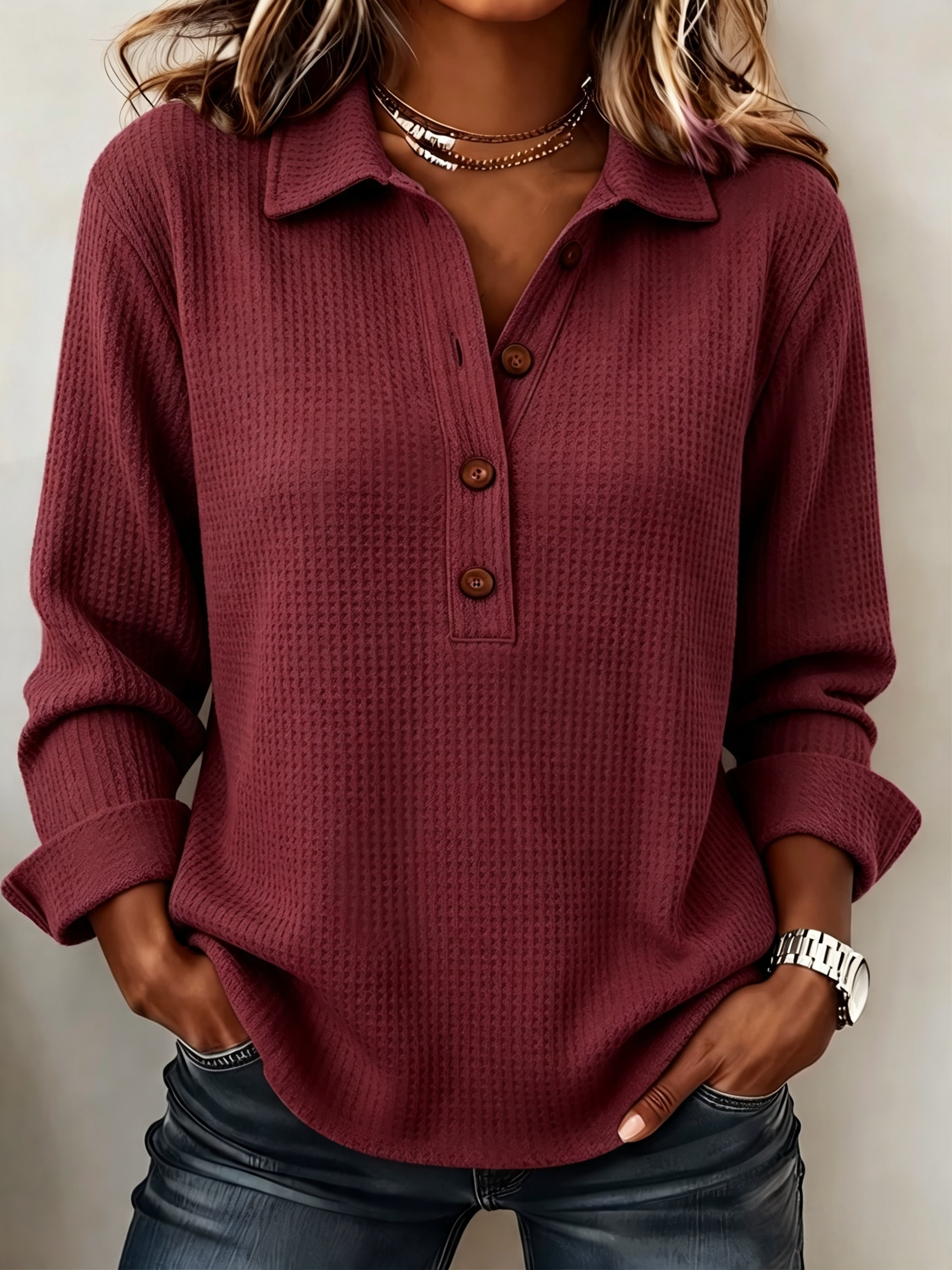 CLEARANCE SALE🔥Women's Cozy Casual Lapel Collar Waffle Knit Pullover