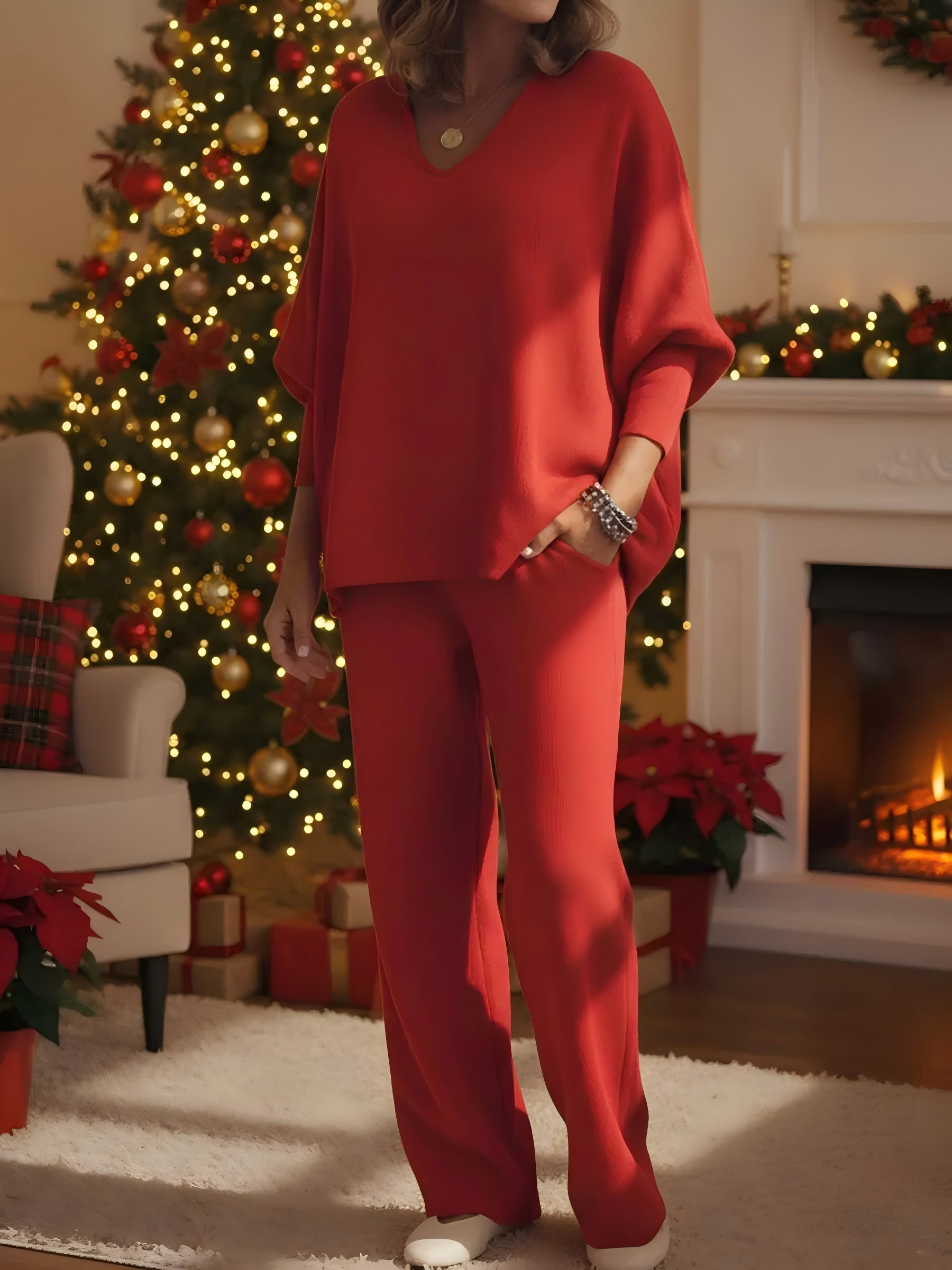 CLEARANCE SALE🔥 Women's Cozy Solid Color V-neck Knit Top And Pants Tw