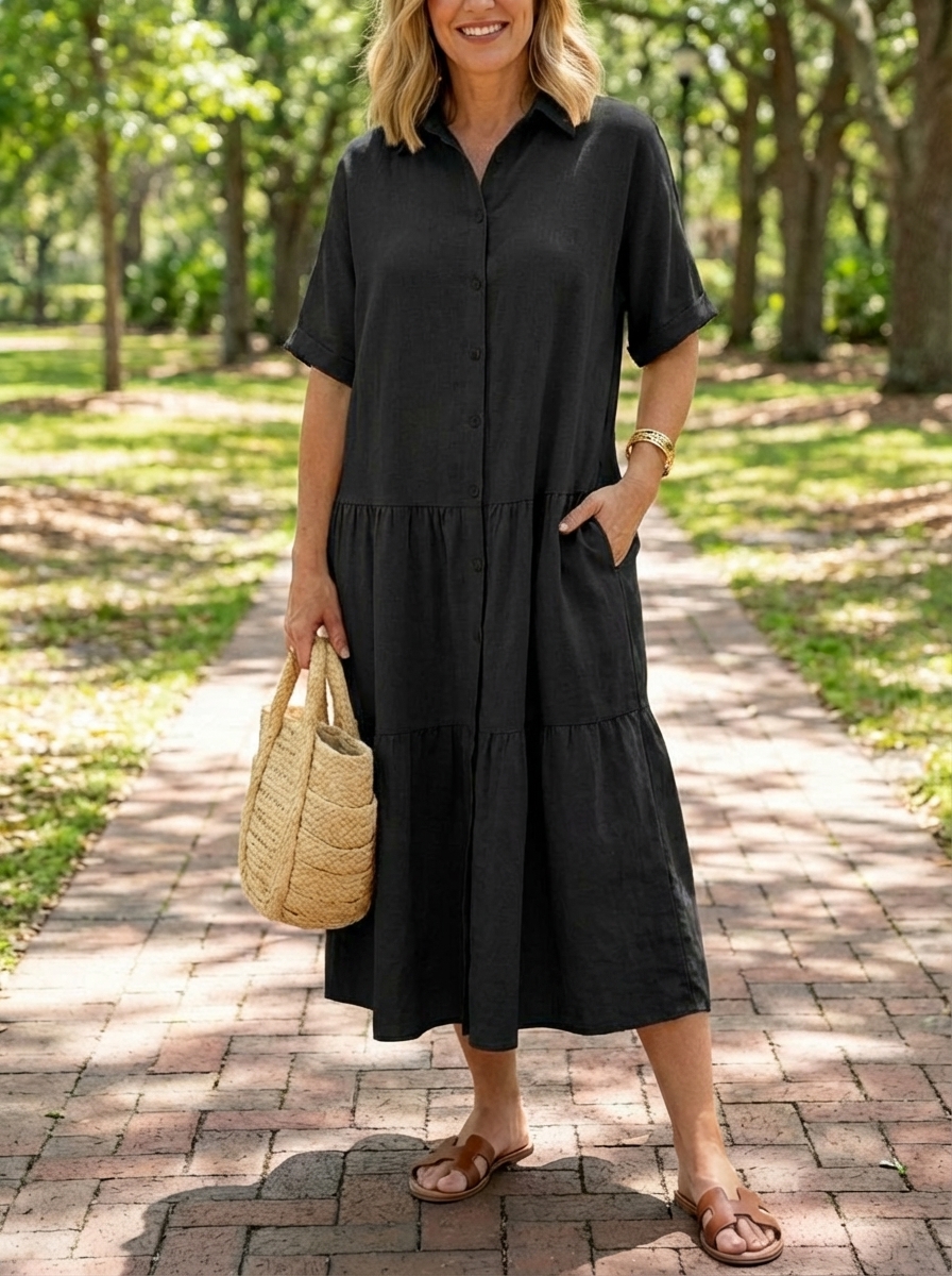 New Arrivals 🔥 Women's Comfortable Lapel Button Loose Linen and Cotton Dress