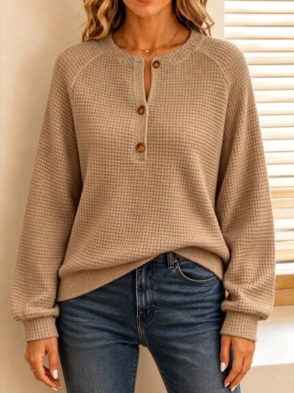 New Arrival🔥 Women's Casual Waffle Knit Henley Long Sleeve Sweater