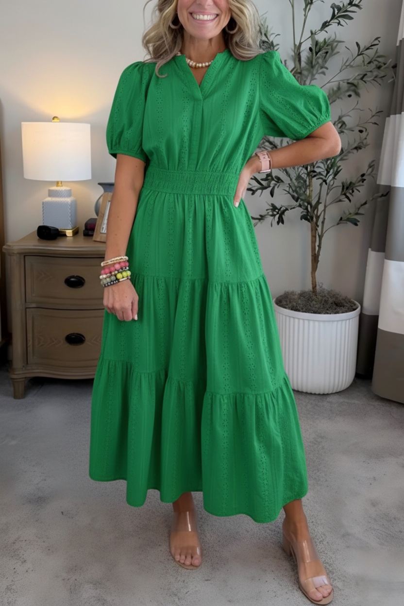 NEW🔥Women’s Puff Sleeve V-Neck Smocked Maxi Dress