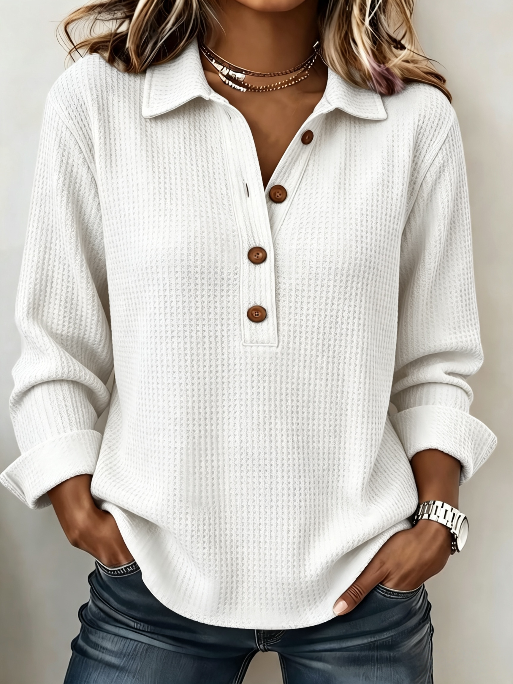 CLEARANCE SALE🔥Women's Cozy Casual Lapel Collar Waffle Knit Pullover