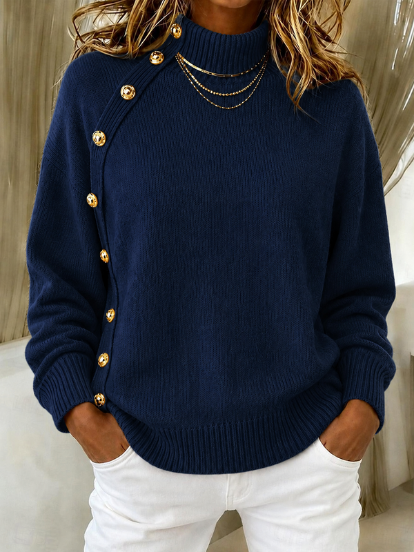 CLEARANCE SALE🔥Women's Elegant Crimson Asymmetrical Button Turtleneck Sweater