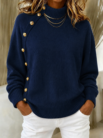 CLEARANCE SALE🔥Women's Elegant Crimson Asymmetrical Button Turtleneck Sweater