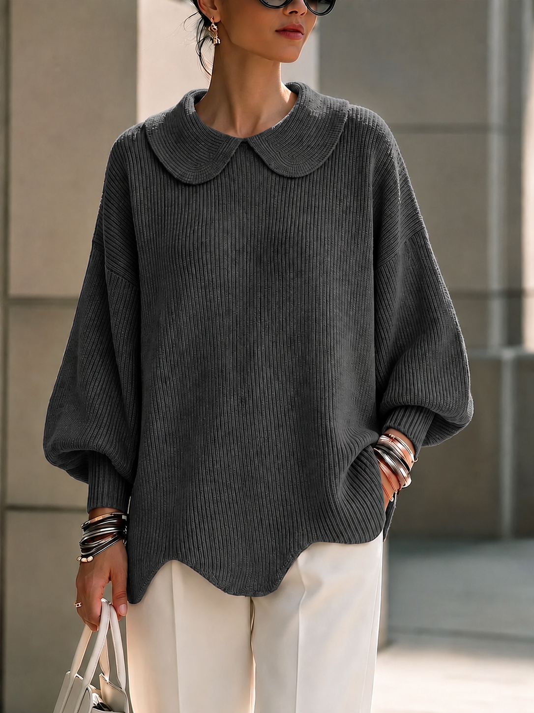CLEARANCE SALE🔥Women's Solid Color Peter Pan Collar Long Sleeve Casual Loose Pullover Knit Sweater