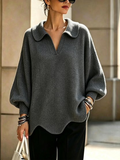 CLEARANCE SALE🔥Women's Solid Color Collared Long-sleeved Casual Loose Pullover Knit Sweater