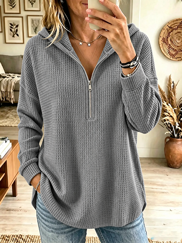CLEARANCE SALE🔥Women's Half-Zip Waffle Knit Hooded Pullover