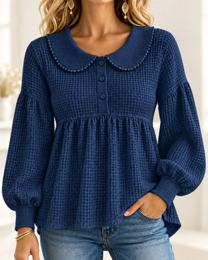 CLEARANCE SALE🔥Women’s Waffle Knit Peter Pan Collar Babydoll Henley Top