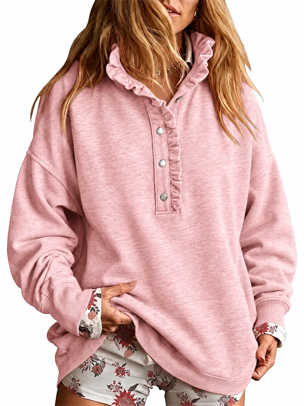 Women’s Ruffle Collar Henley Button Relaxed Fit Sweatshirt