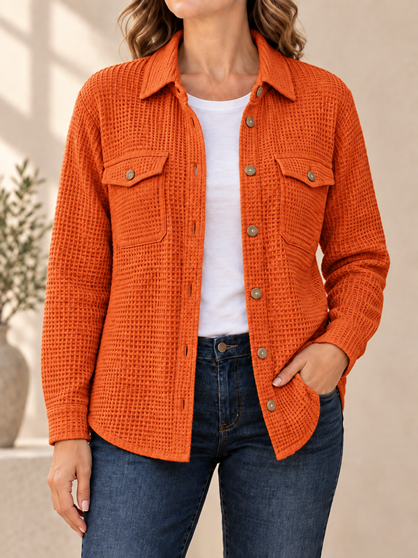 CLEARANCE SALE🔥Women’s Textured Waffle Knit Button Front Collared Shacket with Flap Pockets