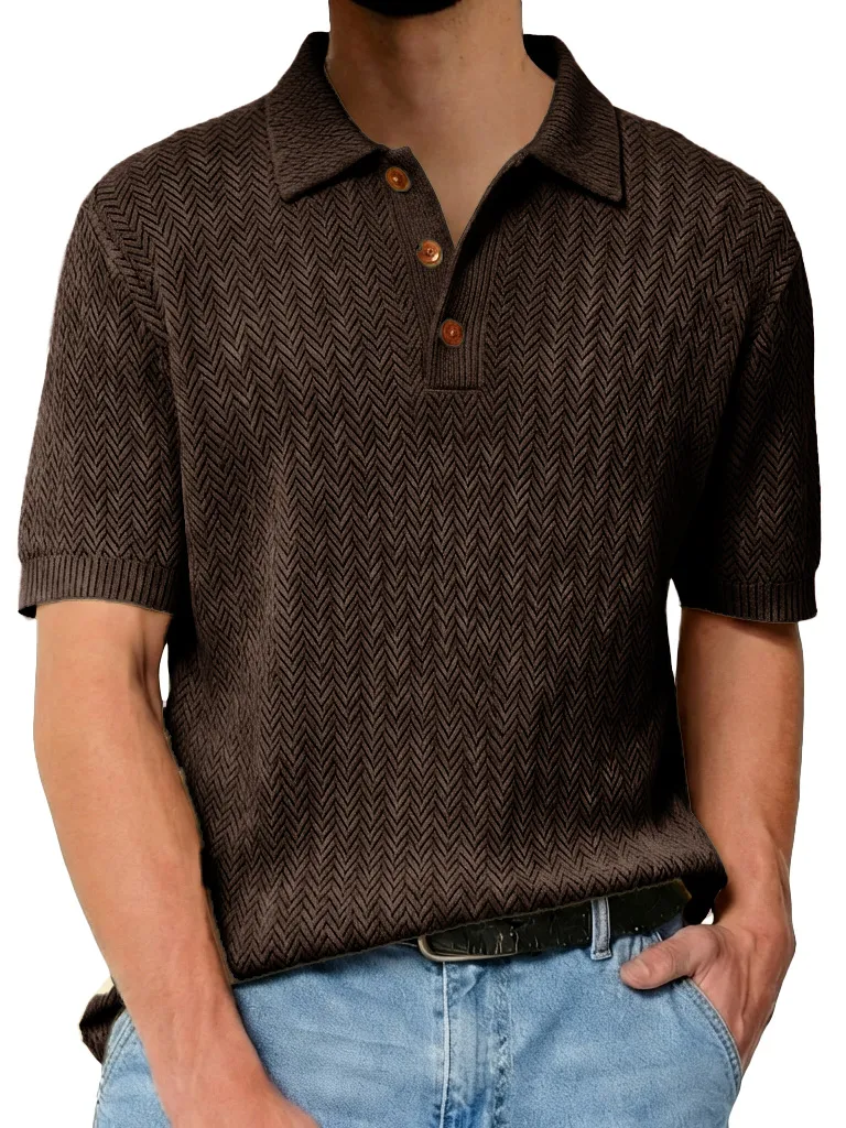 Men's Fashionable Textured Lapel Loose-fitting Short-sleeved Polo Shirt