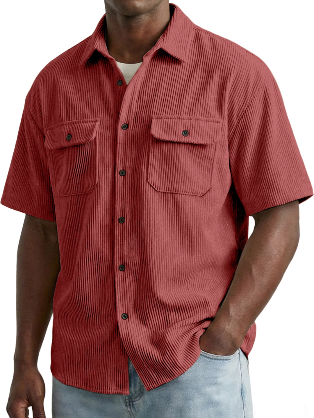 Men's Retro Solid Color Vertical Ribbed Double Pocket Short-Sleeve Shirt