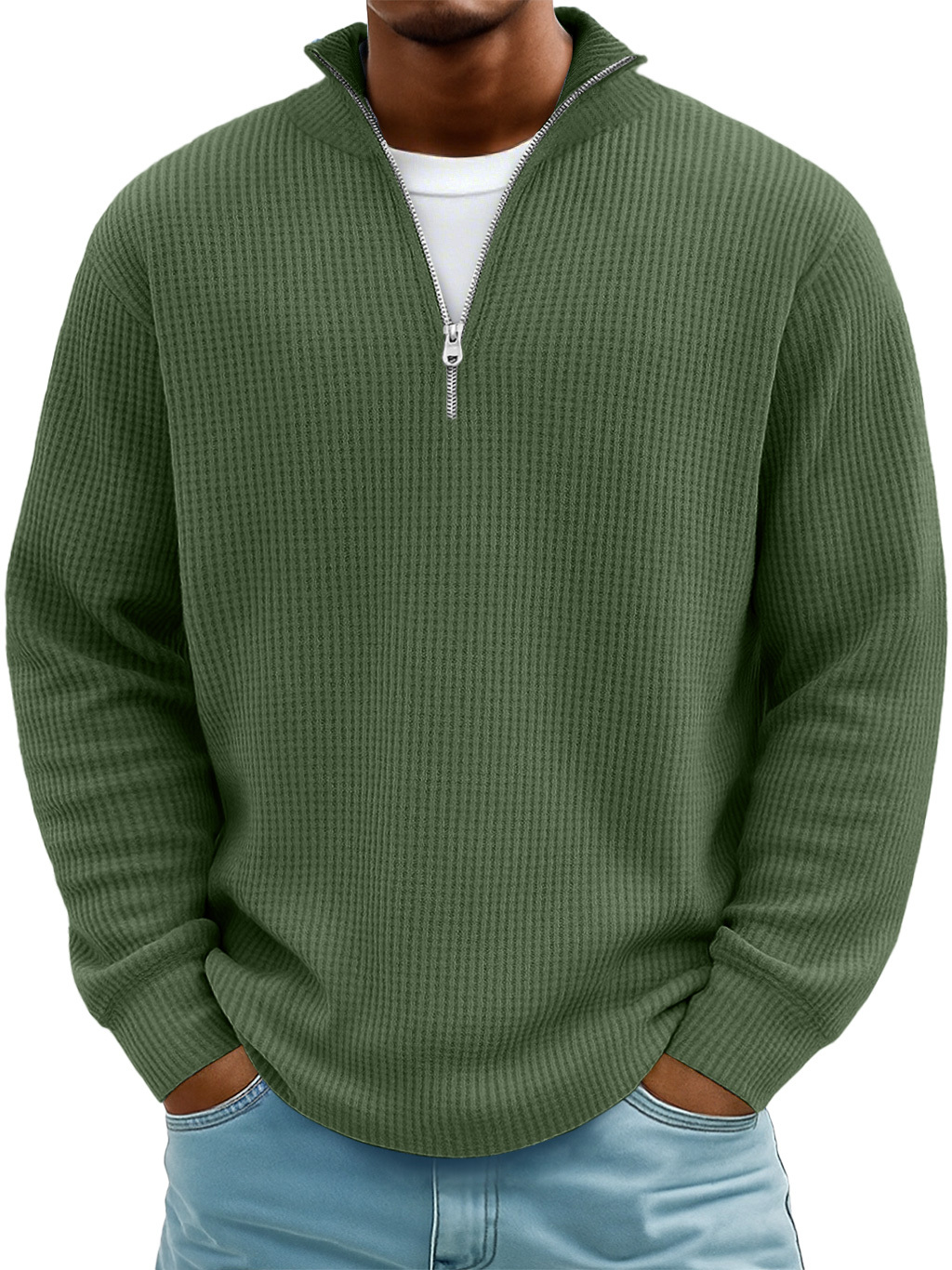 Men's Casual Simple Breathable Fabric Stand Collar Zipper Long Sleeve T-shirt