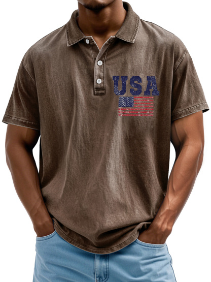 Men's Vintage American Independence Day Flag Print Lapel Short Sleeve Polo Shirt