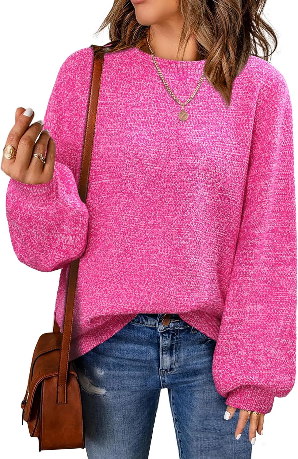 Women's Oversized Sweaters Fall Winter Trendy Crew Neck Pullover Sweater Long Sleeve Loose Heathered Knit Tops 2025