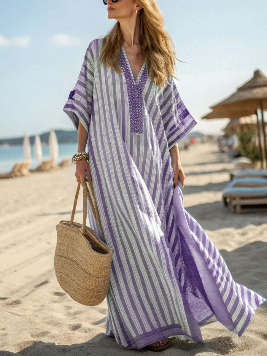 Women's Vintage Striped Art Casual Cotton Long Dress