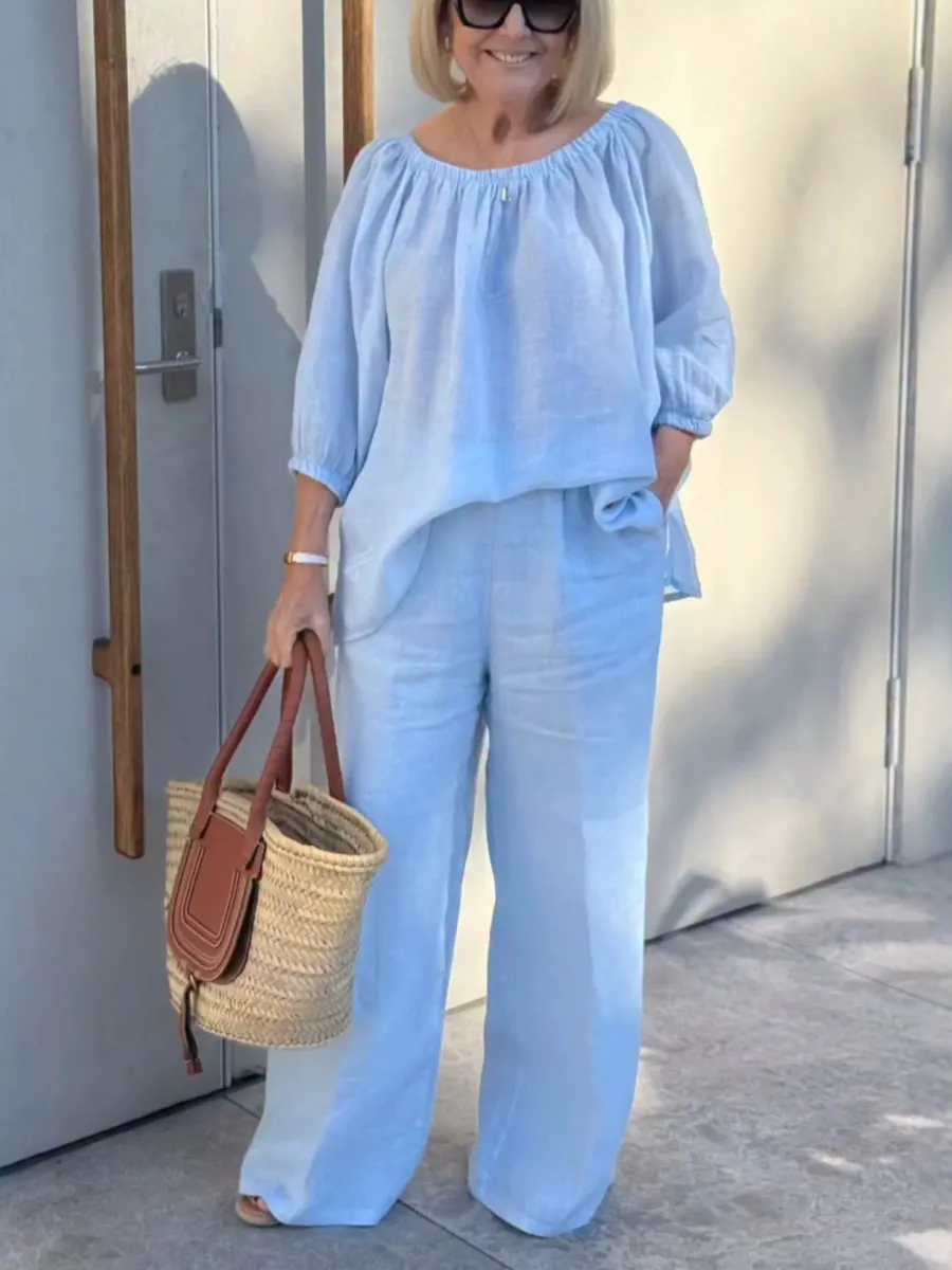 Women'S Linen Shirt And Trousers Two-Piece Set