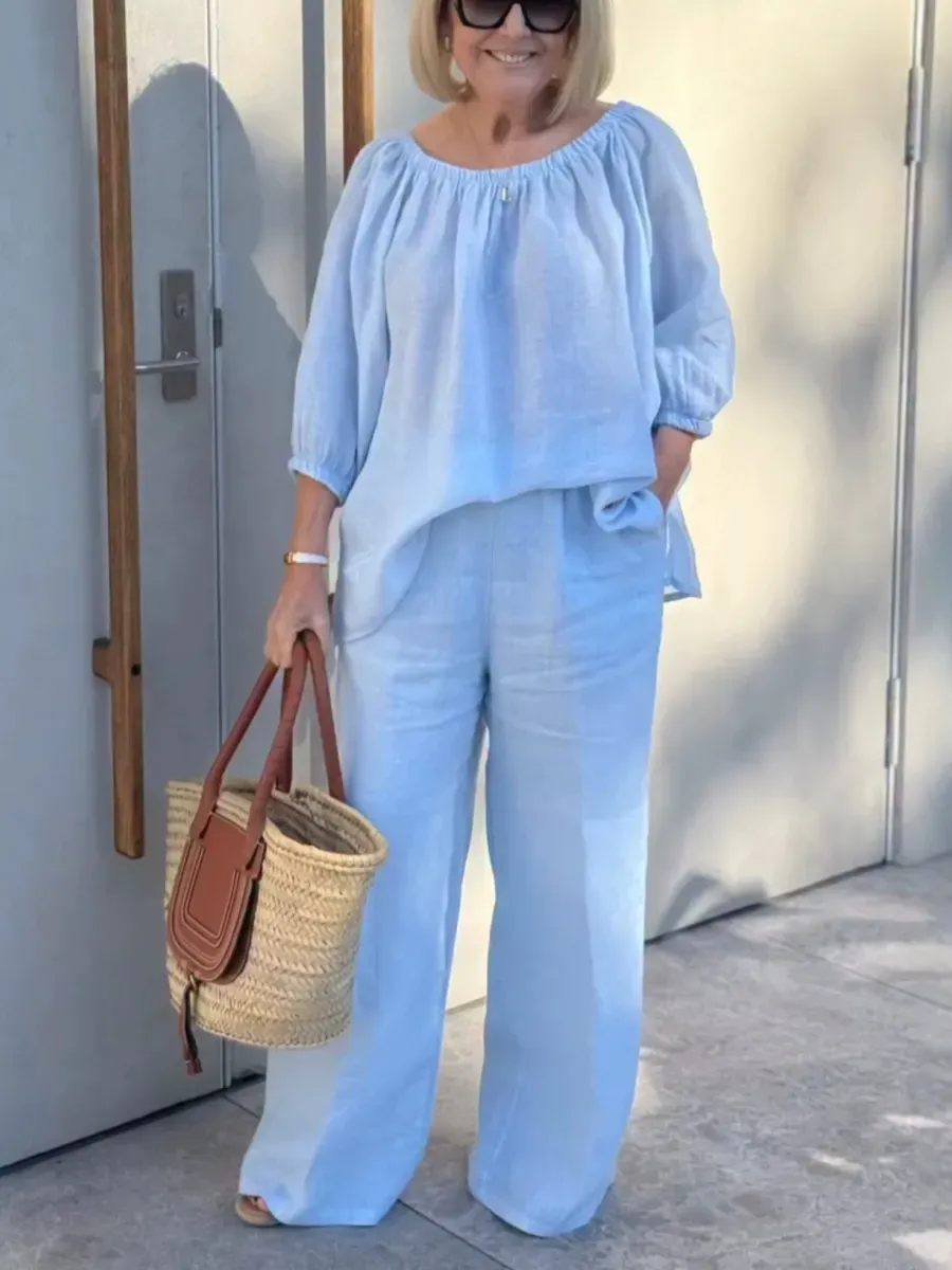 Women'S Linen Shirt And Trousers Two-Piece Set