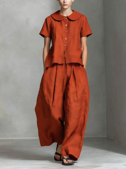 Women’s Cotton Linen Peter Pan Collar Top & Wide-Leg Pants Set