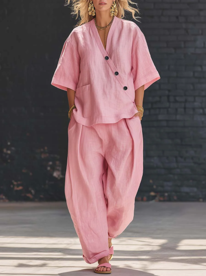 Stylish Cozy Button Linen Cotton Two-piece Set