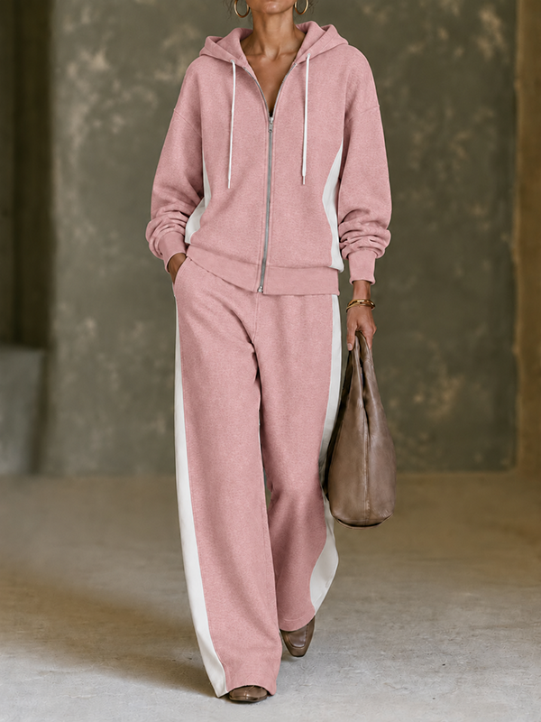 CLEARANCE SALE🔥Women’s Color-Block Zip-Up Hooded Jacket and Wide-Leg Pants Two-Piece Set